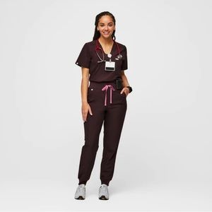 Figs Zamora Jogger pants and One pocket scrub top set in color Dark Fig.